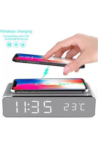 Monyee Gümüş Multifonksiyonel Led Ekranlı Akıllı Alarm Saat - Kablosuz Şarj, Zaman Ve Sıcaklık Gösterici