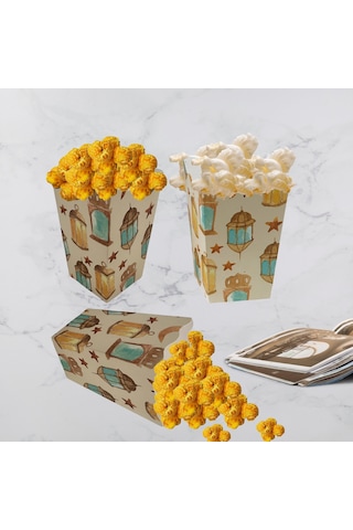 6lı Ramazan Temalı Patlamış Mısır, Şeker Kutusu, Hediye Popcorn, İkram Kutusu, 6x6x11 Cm, Krem Renk Krem