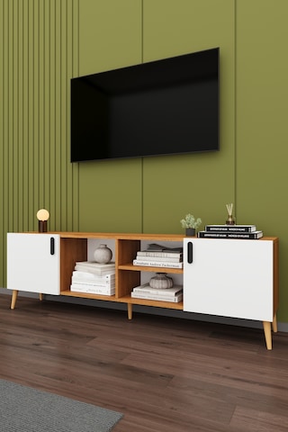 Asra Trend Tv Ünitesi T-11 %100 MDF 180 cm Tv Sehpası Dolaplı Raflı Beyaz-Petra
