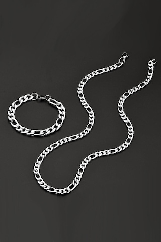 Figaro Erkek Çelik Kolye Bileklik Zincir Set Seçenekli Ack06T Beyaz