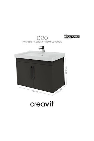 Creavit D20 80 Cm Kapaklı Lavabo Dolabı Antrasit Melamin Kapak Antrasit
