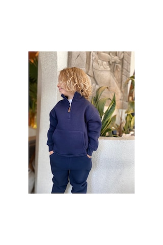 Heyadventure Erkek / Kız Çocuk Dik Yaka Sweatshirt Kanguru Cepli 3 İplik Şardonlu Lacivert Lacivert
