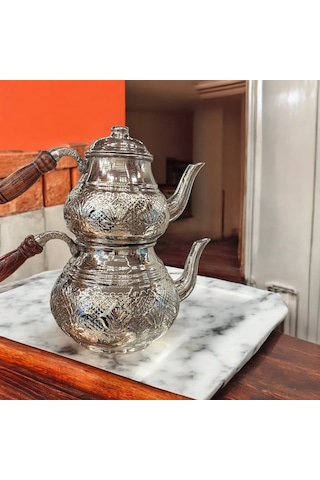 Bakır Çaydanlık & Bakır Demlik Çiçek Desenli Bakır Çaydanlık Büy Gümüş