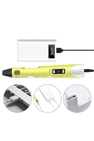 Sarı 3D Kalem 3D Pen Yazıcı Kalem – 3 Adet 3 Metrelik PLA Filament (Toplam 9M) + USB Kablo
