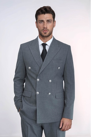 Gümüş Renk Metal Düğmeli Slim Fit Kruvaze Antrasit Erkek Takım Elbise Wessi Gri