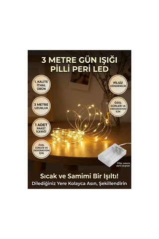 3 Metre Gün Işığı Pilli Peri Led Işık - Dekoratif Bakır Tel Led Aydınlatma Sıcak Sarı