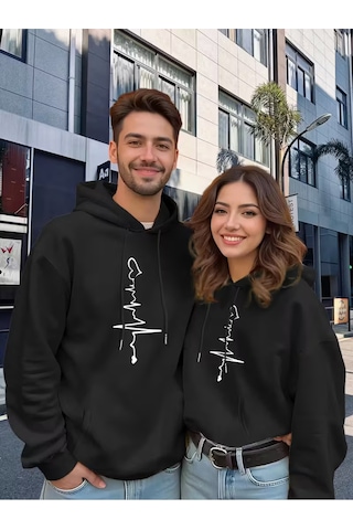 Nevermind Sevgili Çift Kombini 2 Li Kalp Atışı Desenli Unisex Sweatshirt Siyah