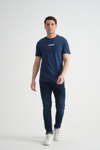 Shooter Sportwear Shooter Erkek T-shirt Minimal Baskılı Pamuklu Kumaş Standart Kalıp İndigo