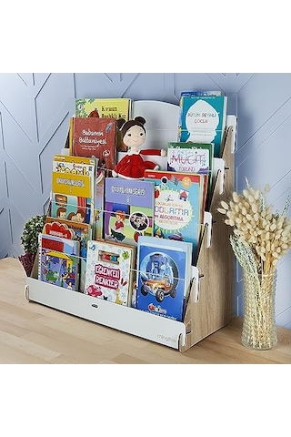 Lucky Montessori Ahşap Çocuk Odası 4 Raflı Kitaplık Meşe - Beyaz Abanoz - Beyaz