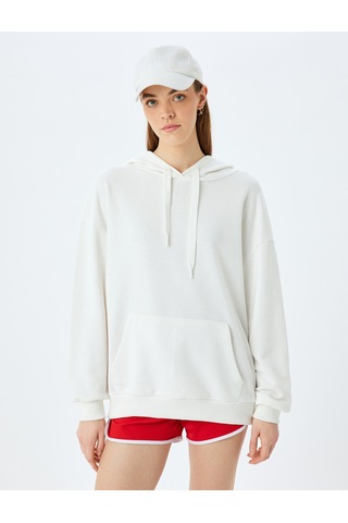 Koton Kapüşonlu Kanguru Cepli Pamuklu Basic Sweatshirt Ekru 5sal10472ık