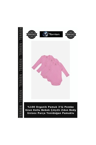 Terrien %100 Organik Pamuk 3'lü Pembe Uzun Kollu Bebek Çıtçıtlı Zıbın Body Unisex Parça Yenidoğan Pamuklu