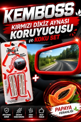 Kemboss Kırmızı Dikiz Aynası Koruyucu Ve Papaya Araç Klima Kokusu Seti Ayna Koruma Kiti