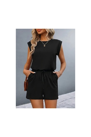 Butik İstanbul Kadın Kısa Kollu Vatkalı Belden Bağcıklı Kısa Viskon Tulum Siyah
