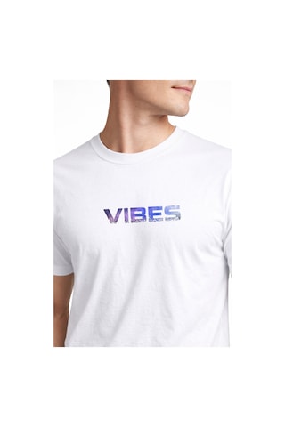 Vibes Typography Baskılı Unisex Tişört %100 Pamuk Oversize Bisiklet Yaka Günlük T-shirt Beyaz