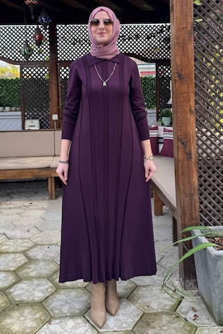 Rabia Şamlı Biricik Kemerli Triko Elbise Mürdüm Normal
