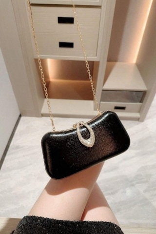 Famels Lüks Model Yeni Özel Kilit Açmalı Taşlı Abiye Çanta Kol Ve El Çantası Siyah