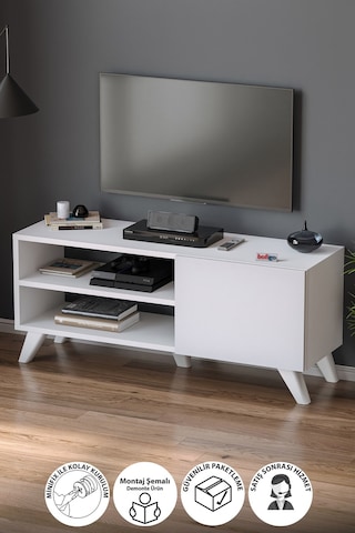 Tv Sehpası Kapaklı Tv Sehpası Raflı Tv Ünitesi Televizyon Sehpası 100 X 35 Cm Malta Beyaz Beyaz