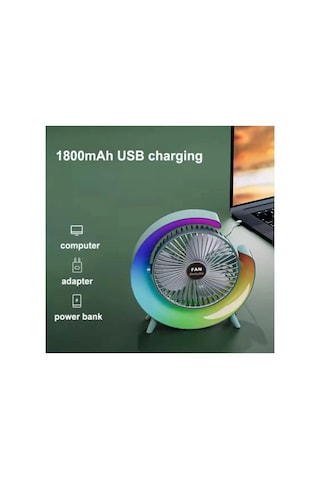 Northcity Masaüstü Vantilatör Usb Şarjlı Rgb Led Işıklı 3 Kademeli 180 Ayarlanabilir Soğutucu Fan Yeşil