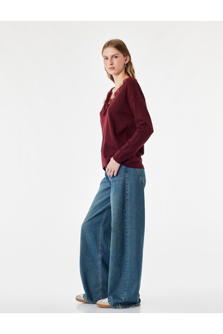 Koton Dantel Detaylı Regular Fit V Yaka Uzun Kollu Triko Kazak Bordo 7wal90144ıt