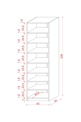 Asra Trend K-08 %100 MDF 60 cm 7 Raflı Kitaplık Ofis Dosya Rafı Kütüphane Koyu Gri