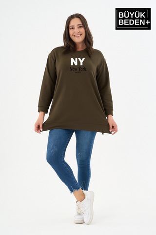 Süperlife Kadın Tunik Büyük Beden Ny Newyork Baskılı İnce Sweatshırt Spr26btk990-1 Haki