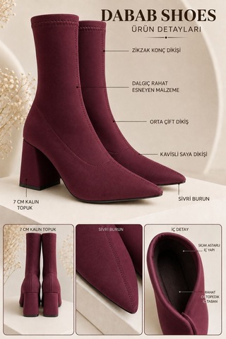 Dabab Shoes Rachel Kadın Bordo Sivri Burun Dalgıç Streç 7 Cm Kalın Topuklu Çorap Bot Bootie