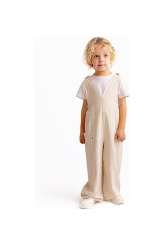 Unisex V Yaka Paça Lastikli Keten Salopet Naturel Naturel Bej