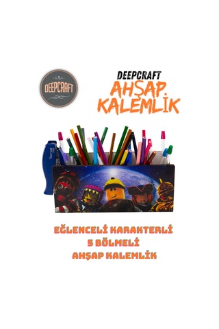 Deepcraft Ahşap Çocuklar İçin Masa Üstü Kare Kalemlik & Organizer-roblox