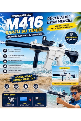 Uzun Namlulu M416 Şarjlı Su Tüfeği Otomatik 60 Cm Elektrikli Su Tabancası Mavi