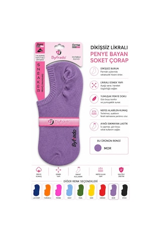 Uğur İnci Dikişsiz Likralı Penye Bayan Soket Çorap Renkli Seri Esnek, Yumuşak Dokulu, Günlük Kullanım Sneaker Çorabı 6 Mor