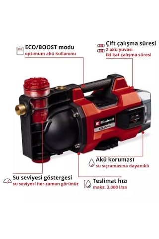Einhell Akülü Bahçe Pompası AQUINNA 18/30 F LED 4180430, 2,8 bar, 3.000 l/sa debi, 2 akü yuvası, ön filtre, akü hariç