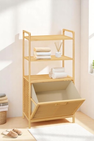 Digithome Bambu Xl Kirli Sepetli 3 Raflı Çok Amaçlı Banyo Düzenleyici Çamaşır Sepeti Organizer Db-0011 Ahşap