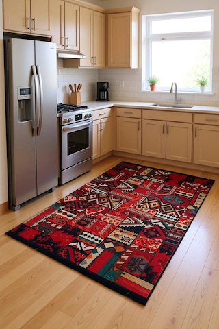 Blghome Patchwork Desenli Modern Halı Dekoratif Kilim Kırmızı - Siyah