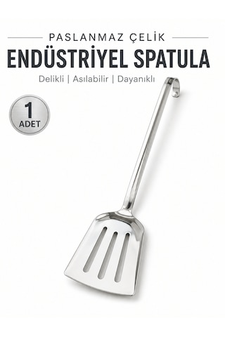 Beylini Endüstriyel Servis Spatulası Delikli Paslanmaz Çelik Uzun Saplı Geniş Yüzeyli Asılabilir Izgara Tava Lokanta Okul Yemekhane Profesyonel No3 Gri
