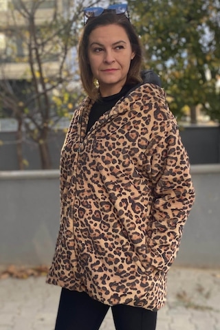 Mia Butik Büyük Beden Camel Leopar Deseli Ceket -1548 Camel