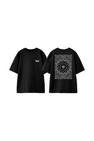 Thewert Gri Halı Desen Tasarım Sırt Baskılı Pamuk Siyah Oversize T-shirt