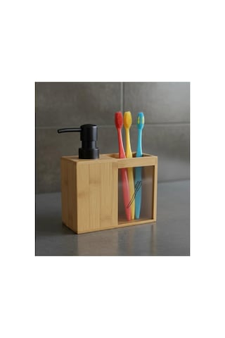 Bambu Banyo Seti Sıvı Sabunluk Ve Diş Fırçalık Seti Mat Siyah Detaylı Doğal Bambu
