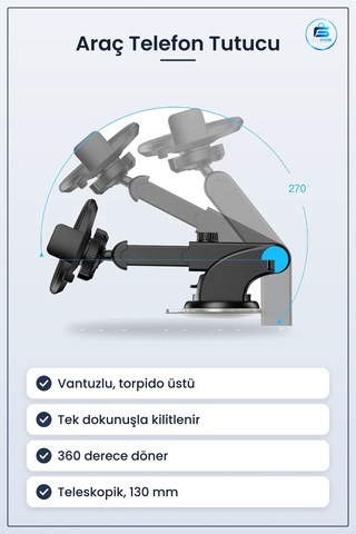 Araç Telefon Tutucu Torpido Üstü Vantuzlu Teleskopik Dönebilen Te