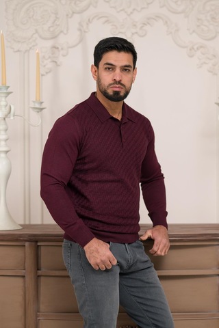 Woolen World Polo Yaka Slimfit Desenli Yünlü Erkek Triko Kazak Bordo