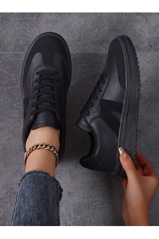 Kadın Sneaker Yüksek Taban Ortopedik Bağcıklı Spor Ayakkabı Retro Siyah 011