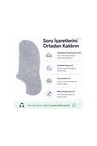 Çorap Giyim Erkek Geri Dönüşüm İplikli 12 Li Görünmez Sneaker Çorap, İnce Dikişli, Nefes Alan Yazlık Babet Çorabı, Kaymaz Topuklu Siyah Gri Beyaz Çok Renkli