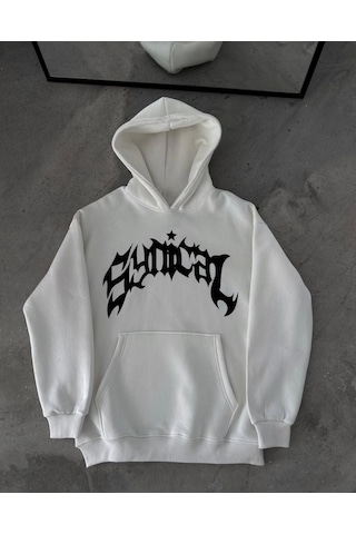 Etiler Collection Üç İplik Kapşonlu Baskılı Oversize Sweatshirt- Beyaz