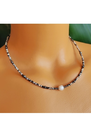 İnci Ceyt Ve Hematit Doğal Taş Kolye Nazar Koruyucu, Enerji Dengeleyici, Şık El Yapımı Kolye Çok renkli