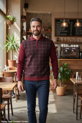 Kamalı Erkek Bordo Tüylenme Yapmayan Standart Fit Normal Kesim Kazayağı Desen Polo Yaka Triko Kazak