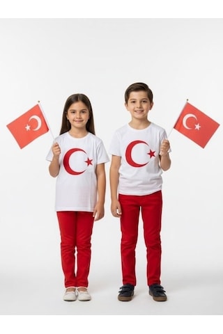 Zekids Çocuk Ay Yıldız Baskılı Yarım Kollu T-shirt-17206 Beyaz