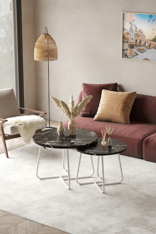 Üsküp Orta Sehpa Takımı Siyah Metal - Beyaz Mermer Tabla