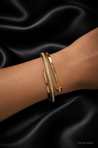 Stainless Steel Gold Taşlı Kelepçeli Çelik Bileklik Altın 76283143
