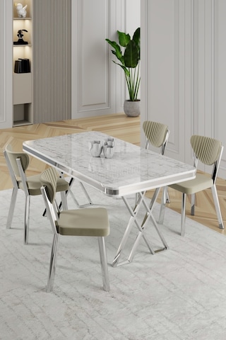Raja Serisi 80x130 Lak Panel Beyaz Mermer Desen Masa Takımı Krom Ayaklı 4 Sandalye Beyaz Mermer Masa Krem Sandalye