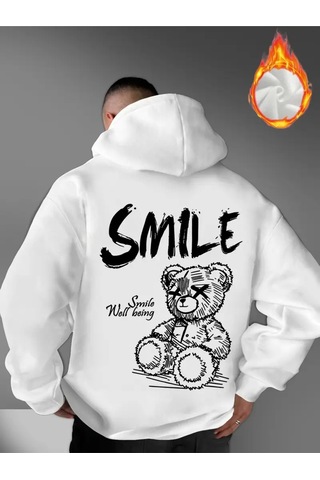 Nevermind Unisex Oversize Smile Yazılı Hoodie Trend Streetwear Kapüşonlu Beyaz