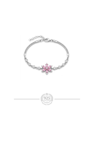 925 Ayar Gümüş Rodyumlu Pembe Kuvars Taşlı Lotus Çiçeği Bileklik St434